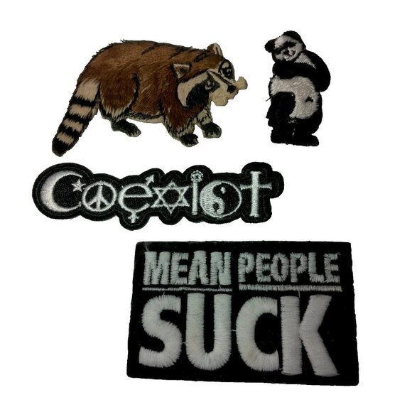 Vintage Patches Lot of 4 Animal Hippie Coexist Mean People Suck Panda Raccoon - Picture 1 of 5